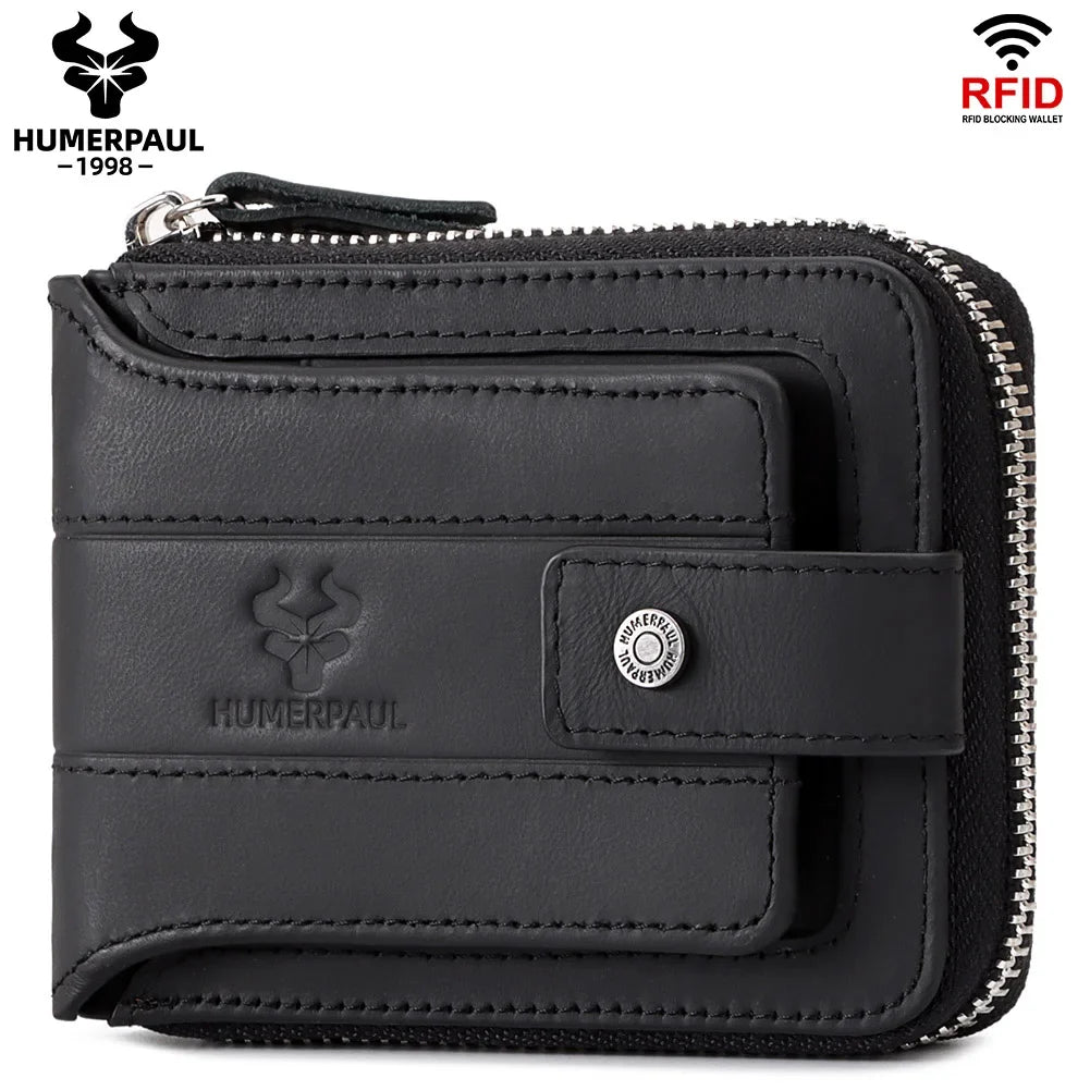 Men's Genuine Leather RFID Large Capacity Zip and Snap Wallet