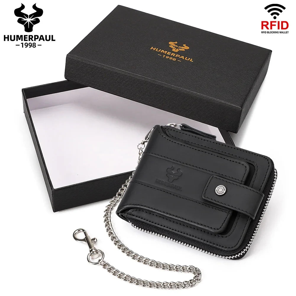 Men's Genuine Leather RFID Large Capacity Zip and Snap Wallet