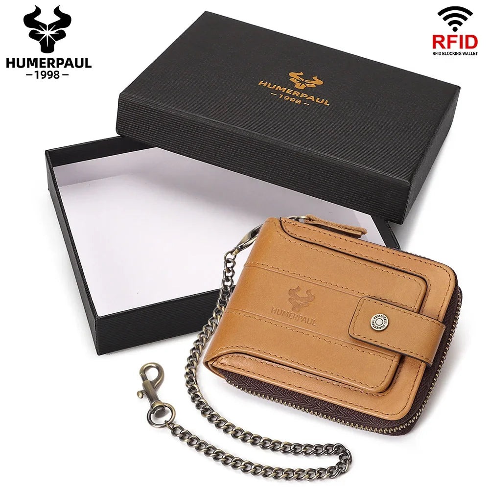 Men's Genuine Leather RFID Large Capacity Zip and Snap Wallet