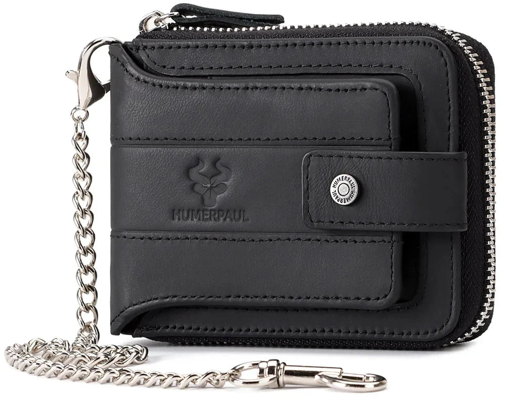 Men's Genuine Leather RFID Large Capacity Zip and Snap Wallet
