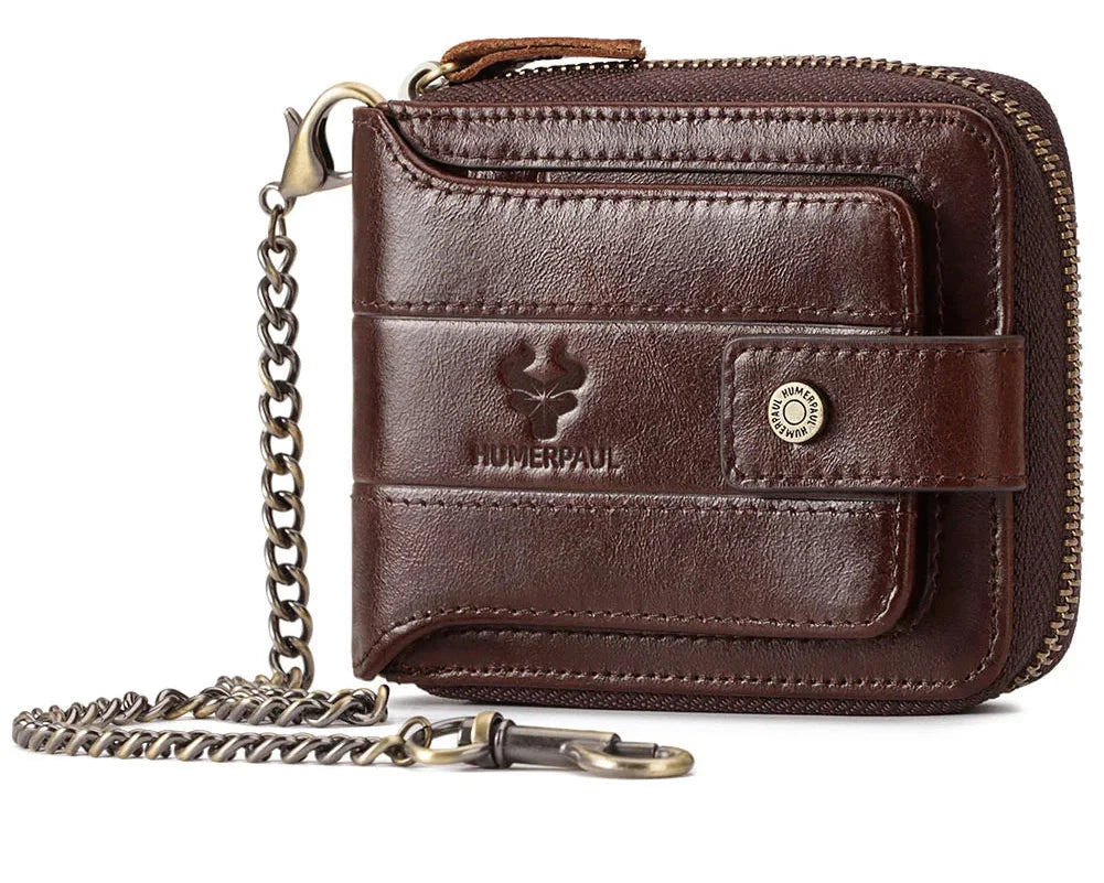 Men's Genuine Leather RFID Large Capacity Zip and Snap Wallet