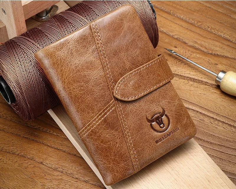Men's Genuine Leather RFID Wallet with Zippered Flap and Large Capacity