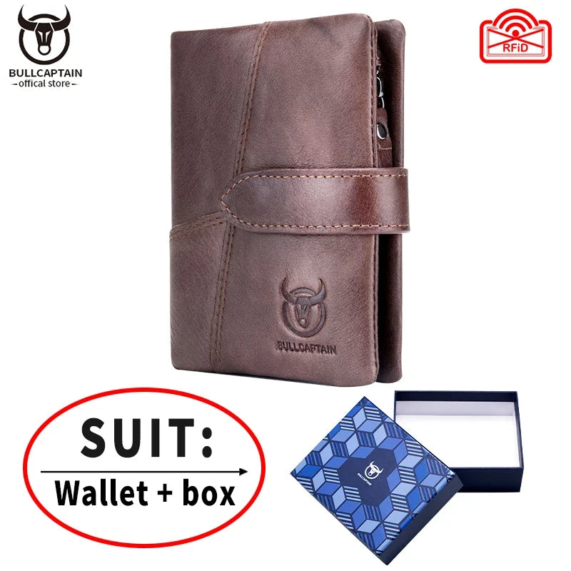 Men's Genuine Leather RFID Wallet with Zippered Flap and Large Capacity