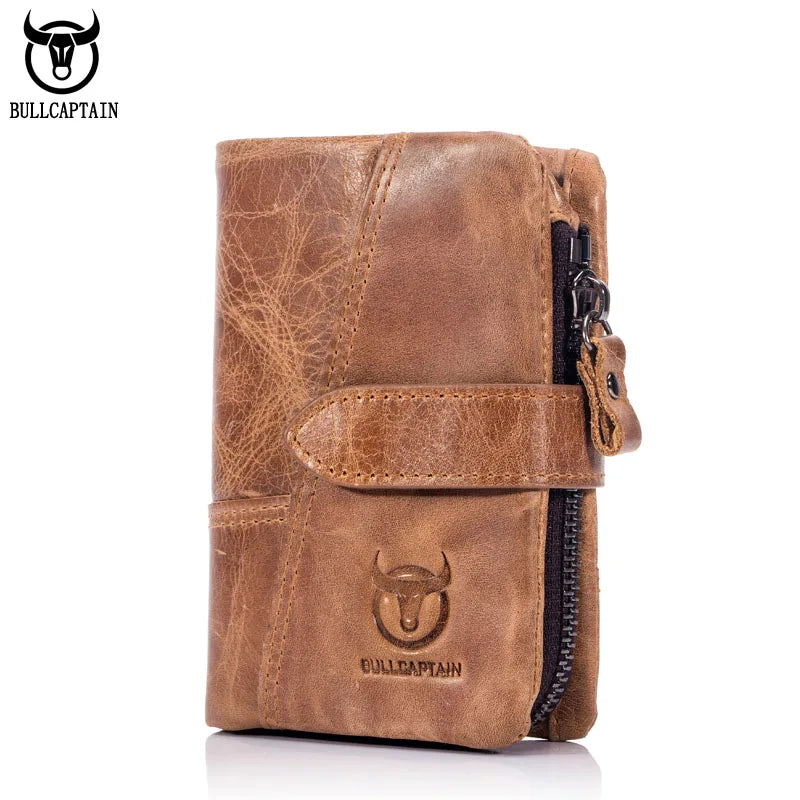 Men's Genuine Leather RFID Wallet with Zippered Flap and Large Capacity