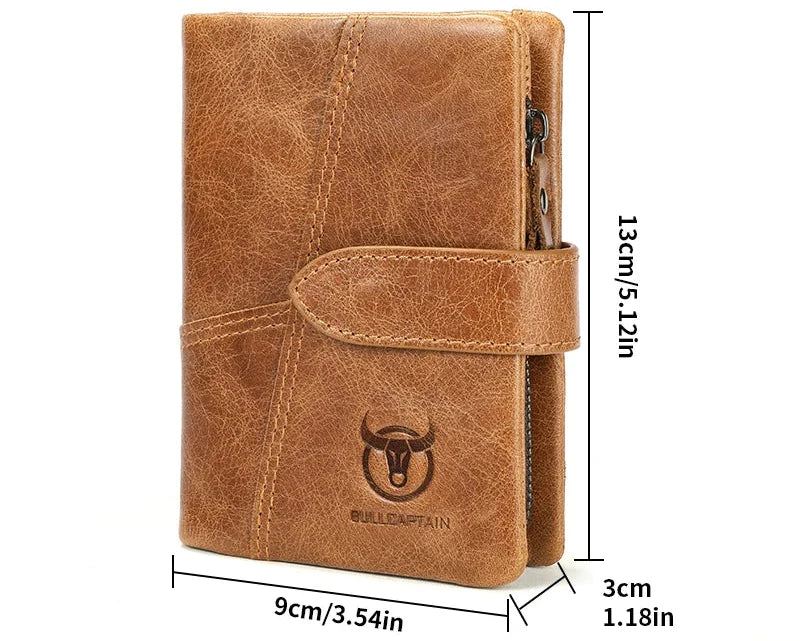 Men's Genuine Leather RFID Wallet with Zippered Flap and Large Capacity