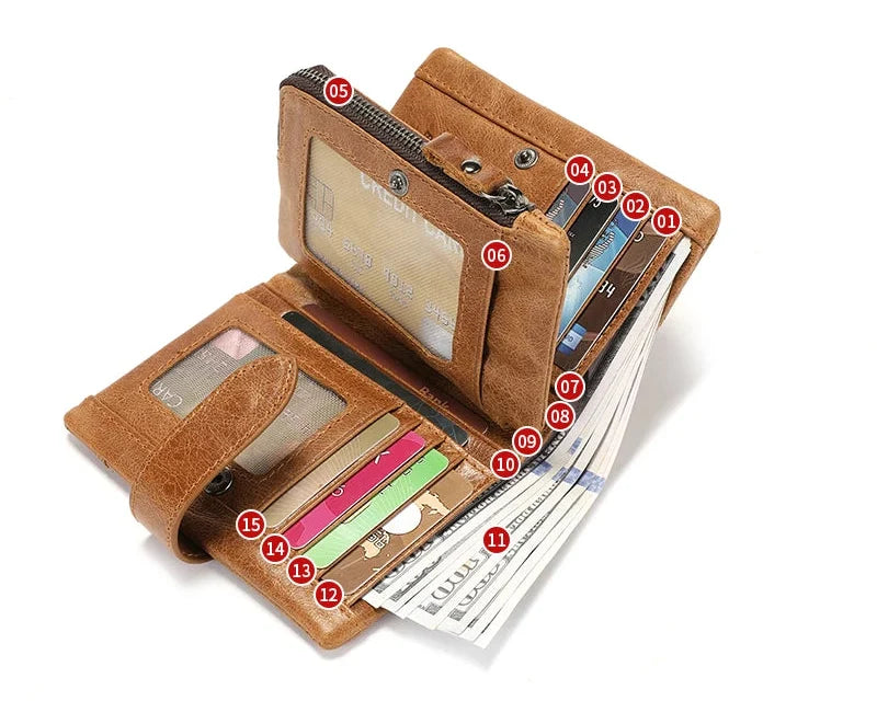 Men's Genuine Leather RFID Wallet with Zippered Flap and Large Capacity