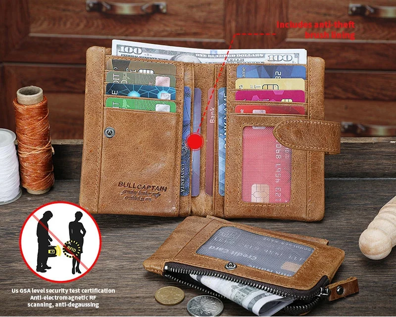 Men's Genuine Leather RFID Wallet with Zippered Flap and Large Capacity