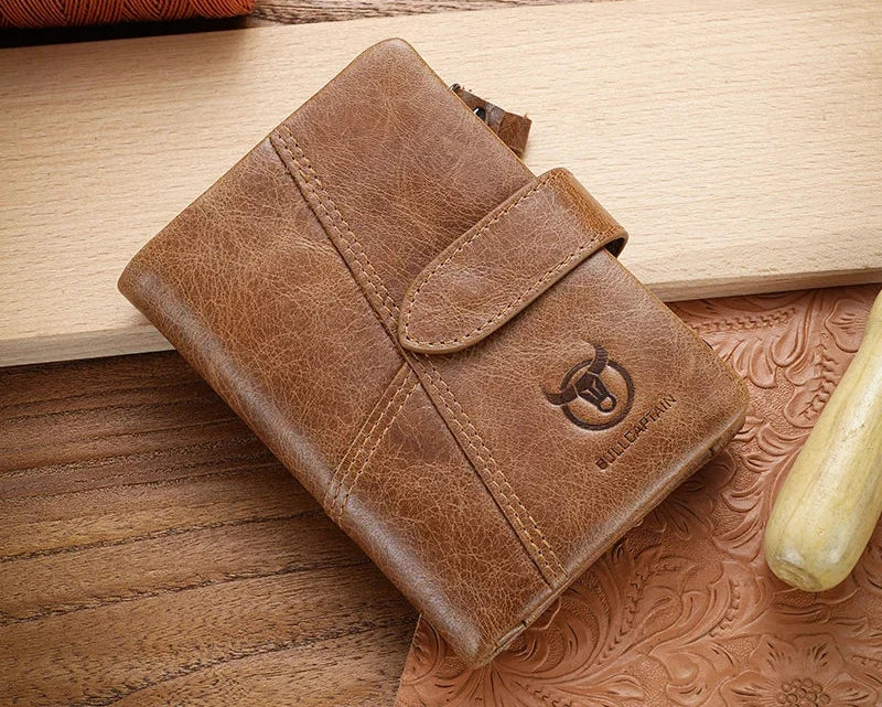 Men's Genuine Leather RFID Wallet with Zippered Flap and Large Capacity