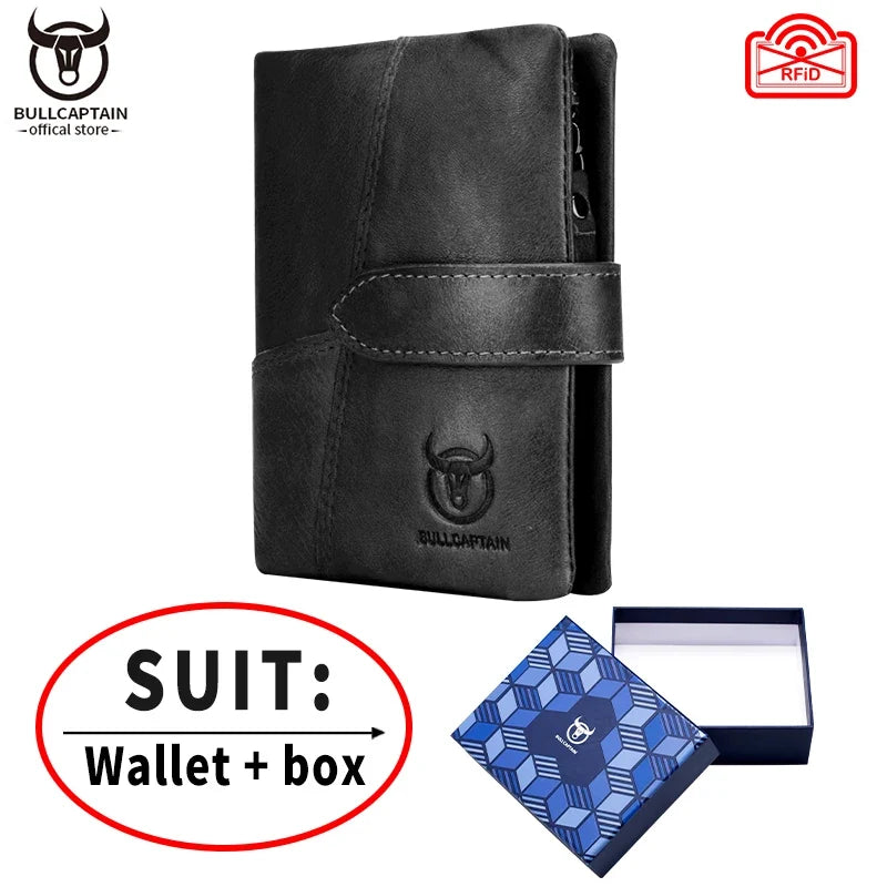 Men's Genuine Leather RFID Wallet with Zippered Flap and Large Capacity