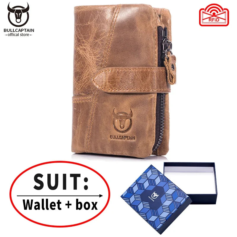 Men's Genuine Leather RFID Wallet with Zippered Flap and Large Capacity