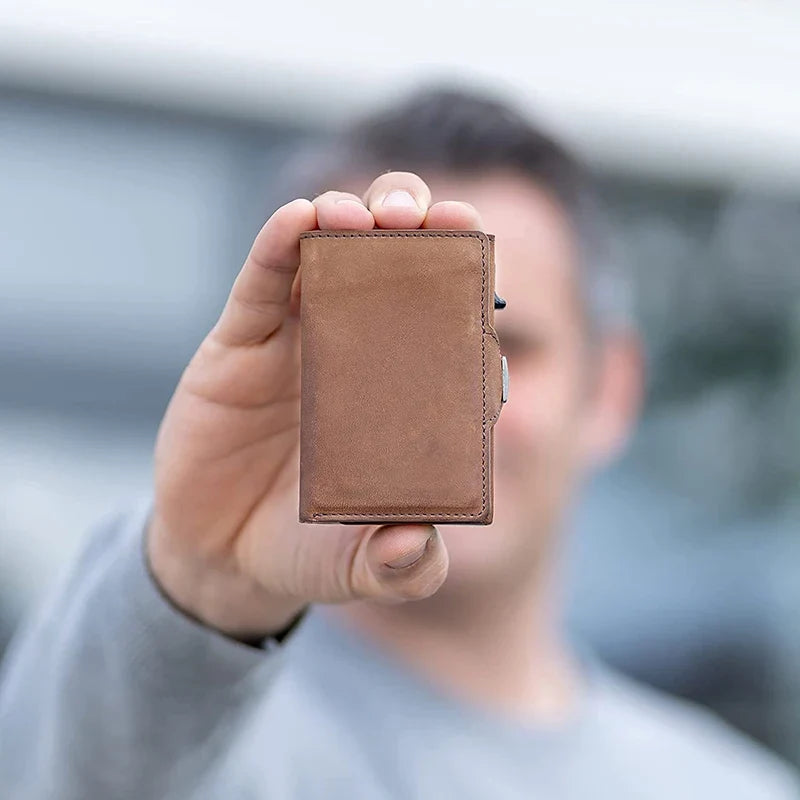 Genuine Leather RFID Pop-Up Compact Wallet with Secure Card Holder