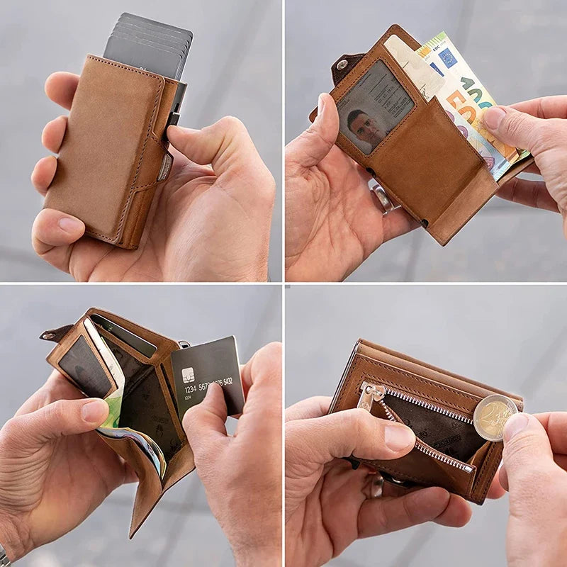 Genuine Leather RFID Pop-Up Compact Wallet with Secure Card Holder