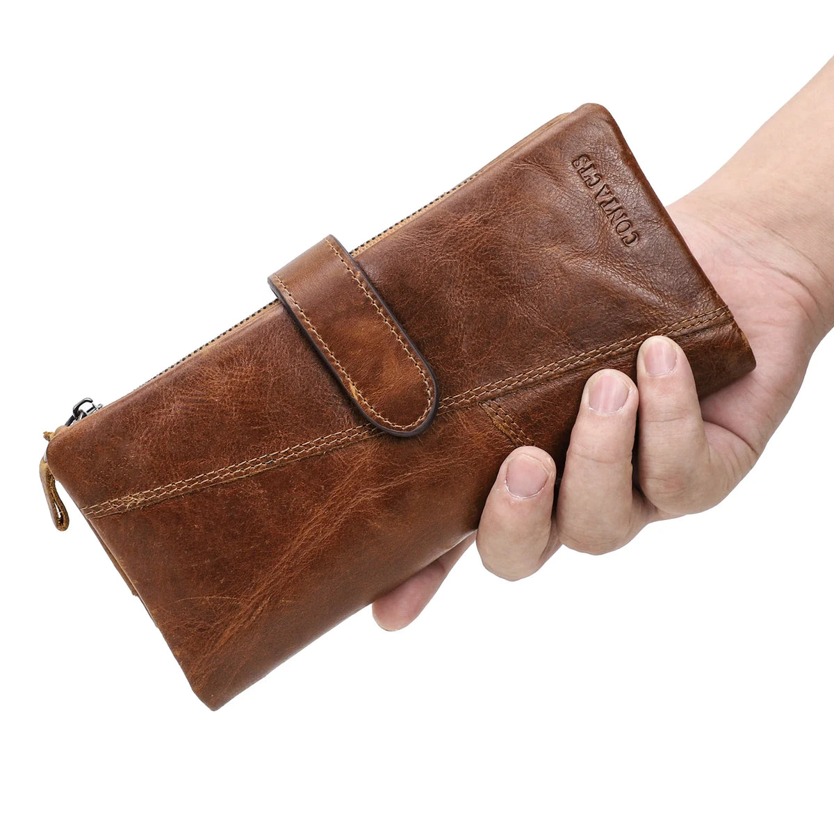 Genuine Leather Long Wallet with Zip and Snap Button, Unisex, Large Capacity
