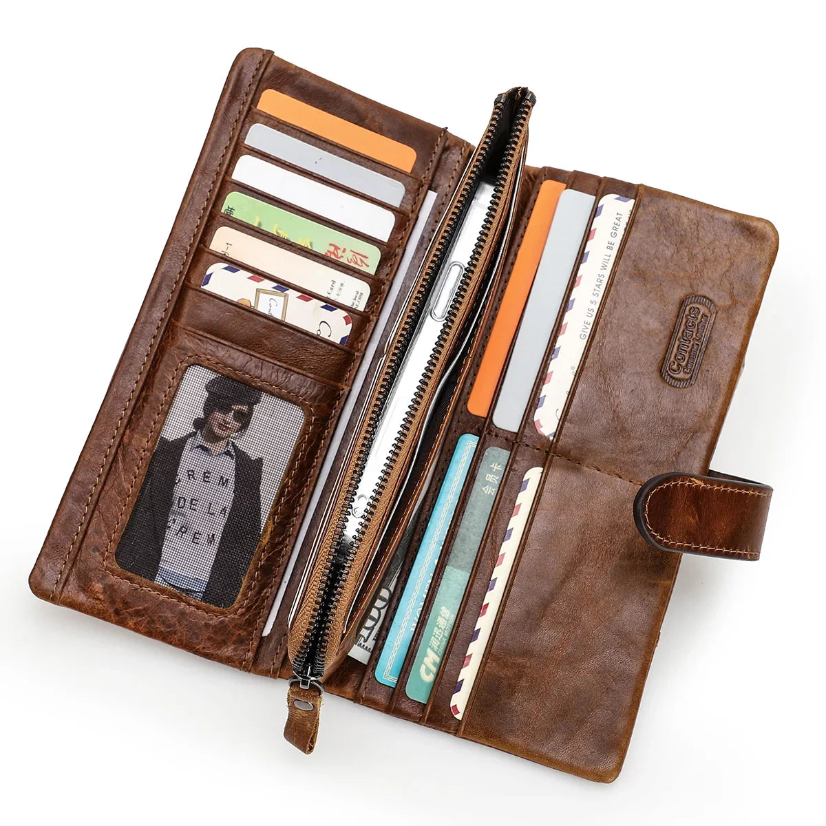 Genuine Leather Long Wallet with Zip and Snap Button, Unisex, Large Capacity