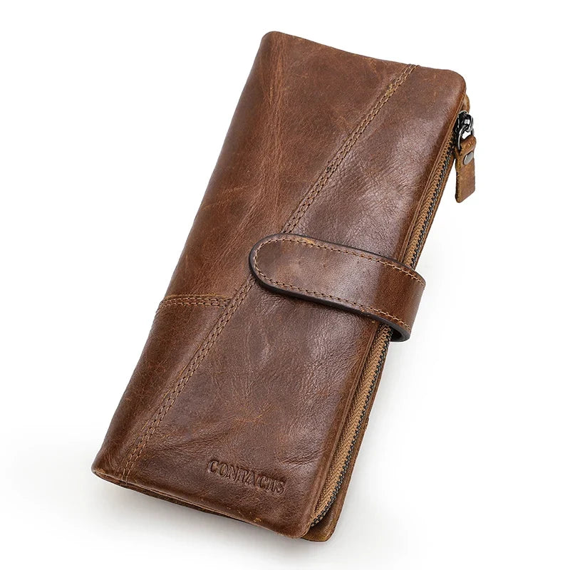 Genuine Leather Long Wallet with Zip and Snap Button, Unisex, Large Capacity Image