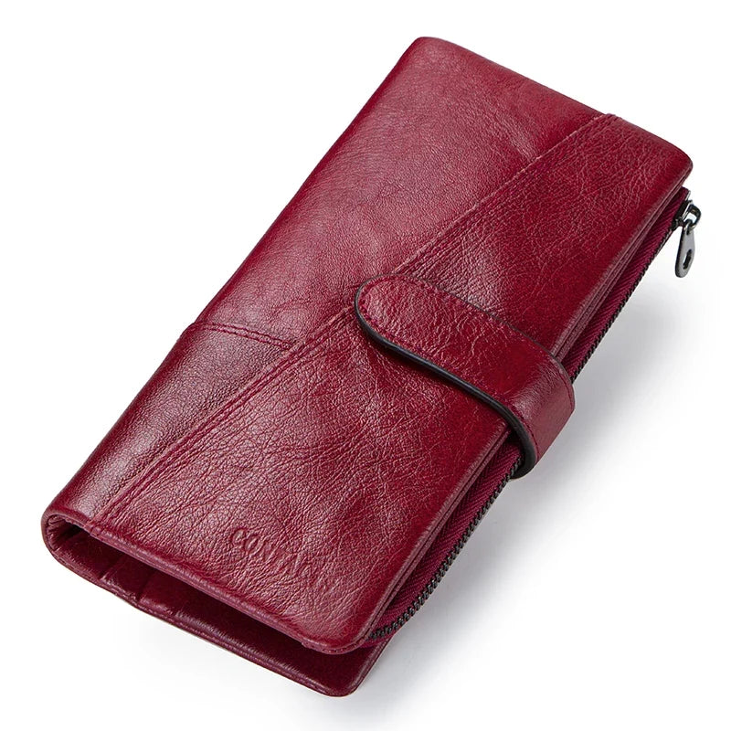 Genuine Leather Long Wallet with Zip and Snap Button, Unisex, Large Capacity