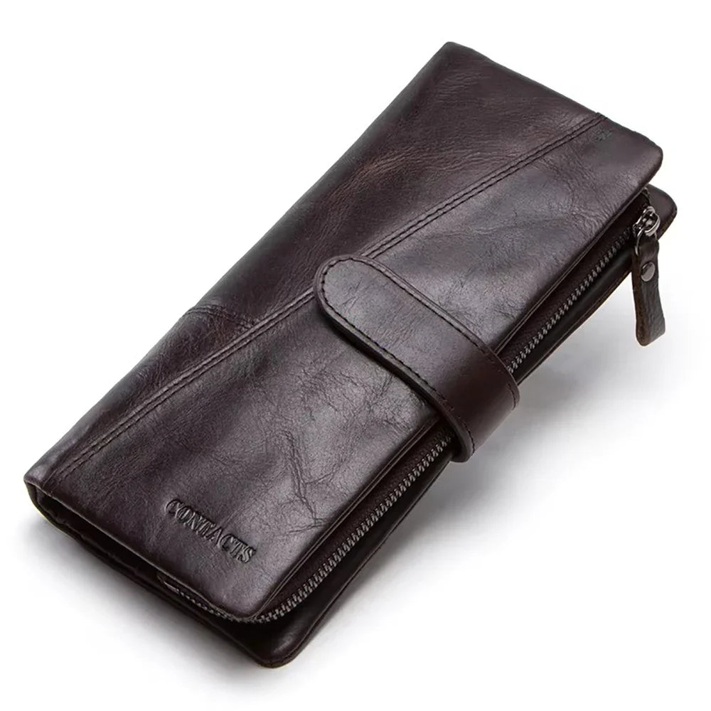 Genuine Leather Long Wallet with Zip and Snap Button, Unisex, Large Capacity