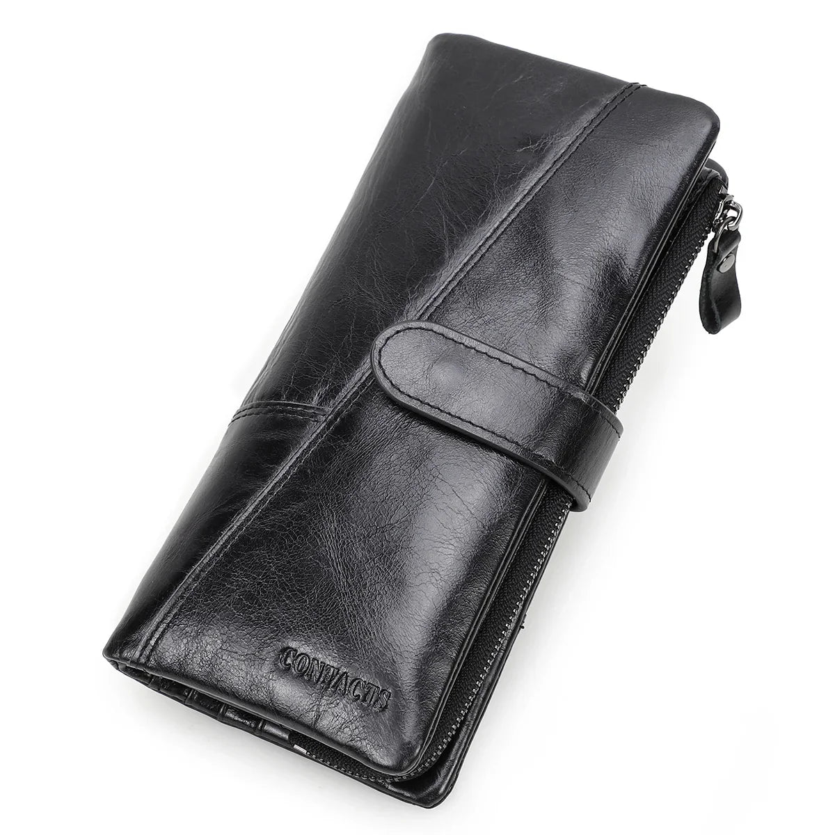 Genuine Leather Long Wallet with Zip and Snap Button, Unisex, Large Capacity