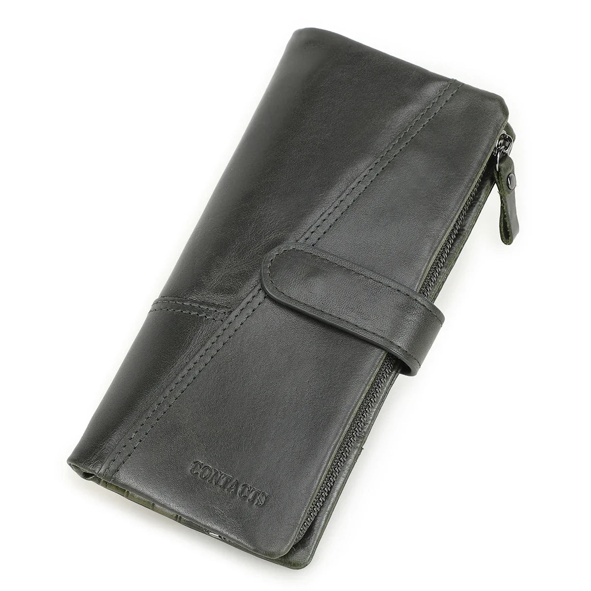 Genuine Leather Long Wallet with Zip and Snap Button, Unisex, Large Capacity