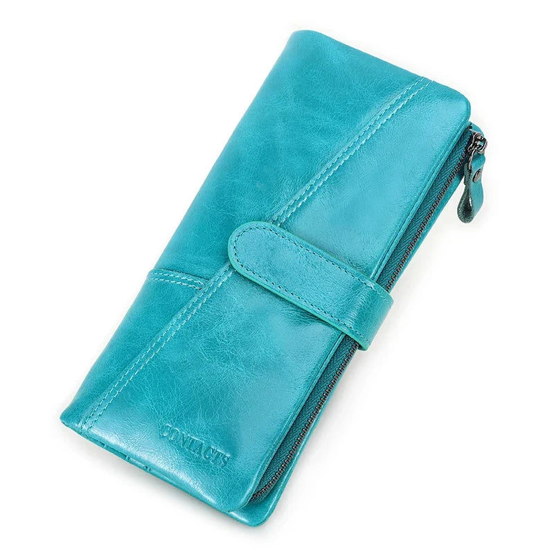 Genuine Leather Long Wallet with Zip and Snap Button, Unisex, Large Capacity