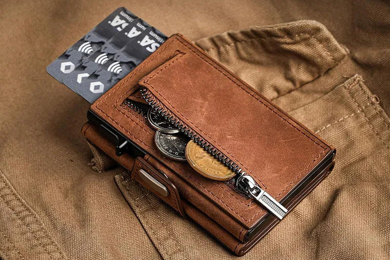 Genuine Leather and Aluminum Cardholder Wallet with Coin Pocket