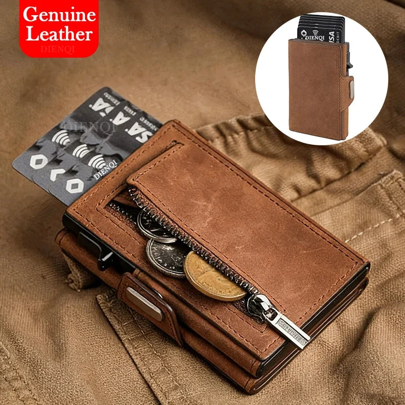 Genuine Leather and Aluminum Cardholder Wallet with Coin Pocket