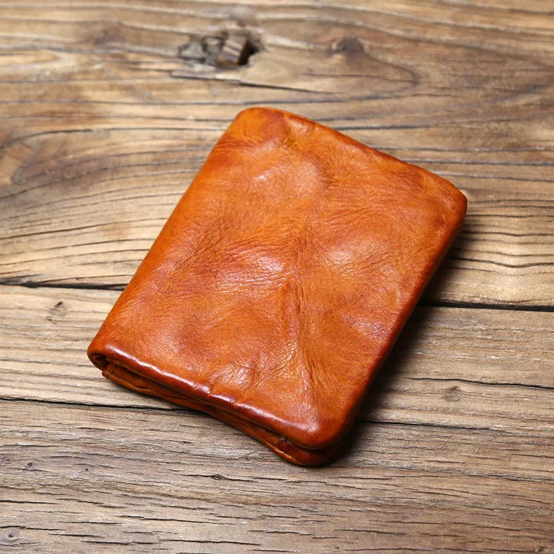 Genuine Cowhide Compact Retro Wallet with Zipper and Coin Purse