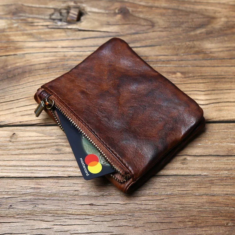 Genuine Cowhide Compact Retro Wallet with Zipper and Coin Purse
