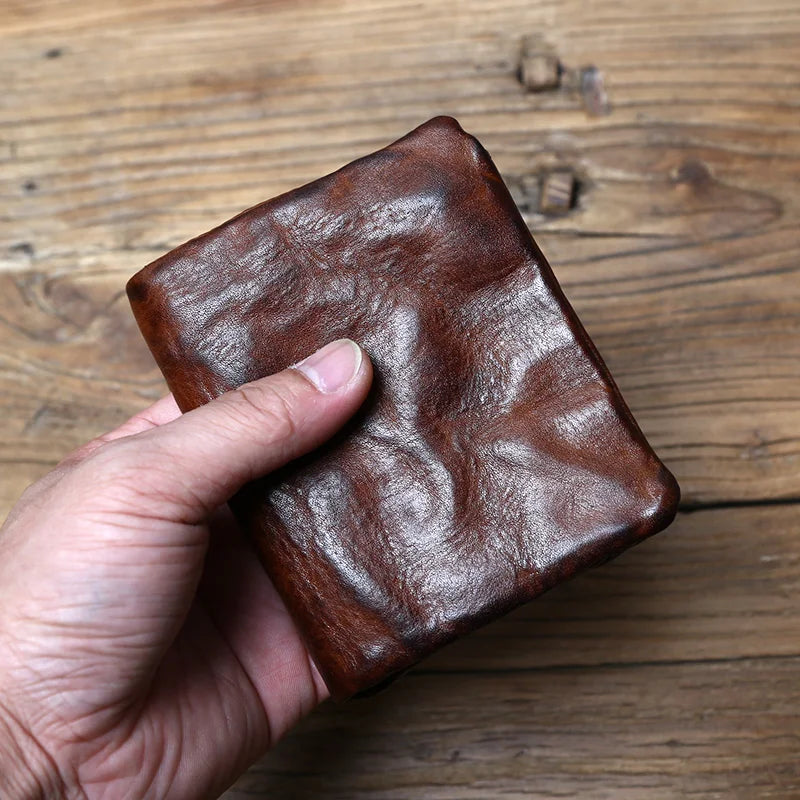 Genuine Cowhide Compact Retro Wallet with Zipper and Coin Purse