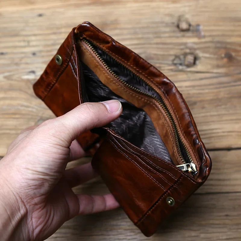 Genuine Cowhide Compact Retro Wallet with Zipper and Coin Purse
