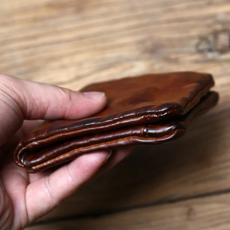 Genuine Cowhide Compact Retro Wallet with Zipper and Coin Purse