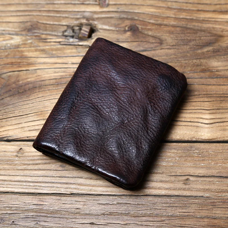 Genuine Cowhide Compact Retro Wallet with Zipper and Coin Purse