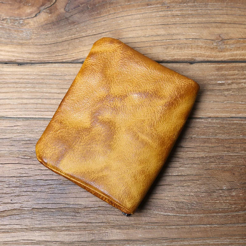 Genuine Cowhide Compact Retro Wallet with Zipper and Coin Purse