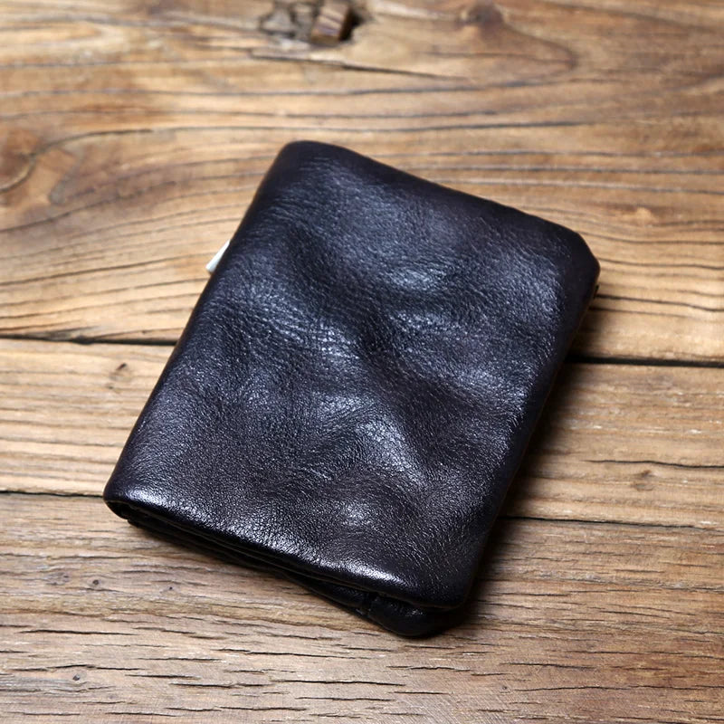 Genuine Cowhide Compact Retro Wallet with Zipper and Coin Purse