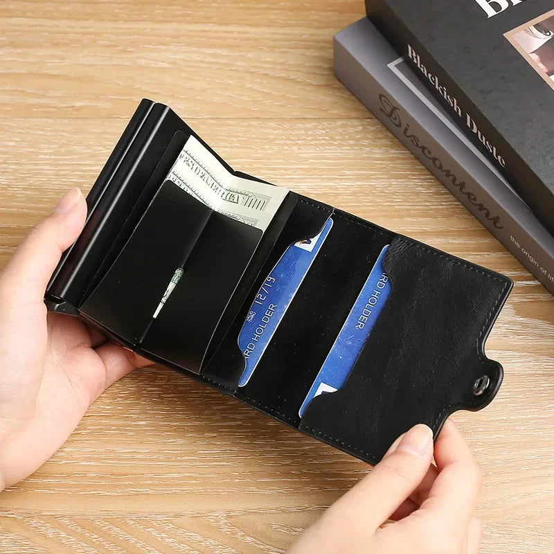 Double Compartment Aluminum and PU Leather Wallet with RFID Protection