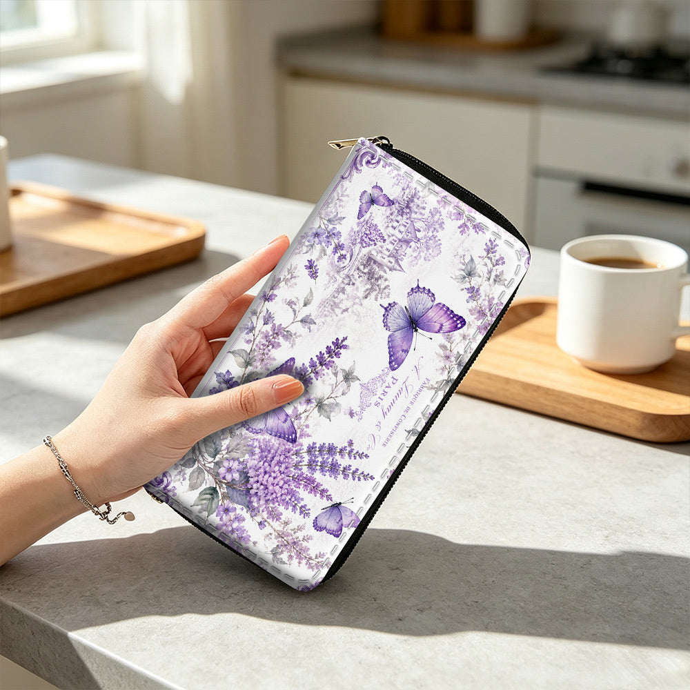 Long women's wallet, lavender watercolor and butterflies