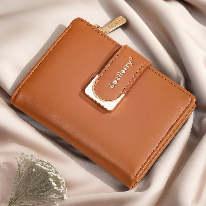Compact Women's PU Leather Wallet with Zipper and Elegant Button