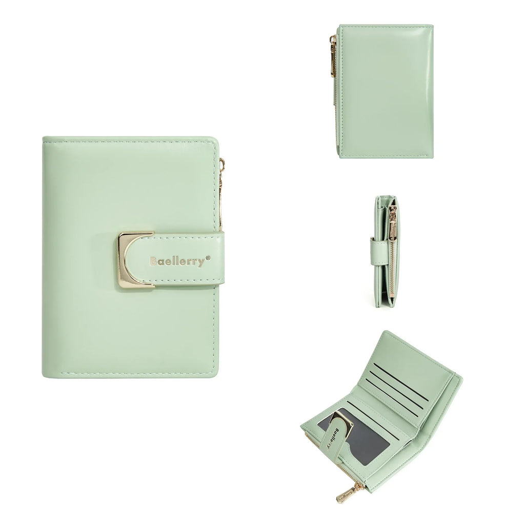 Compact Women's PU Leather Wallet with Zipper and Elegant Button