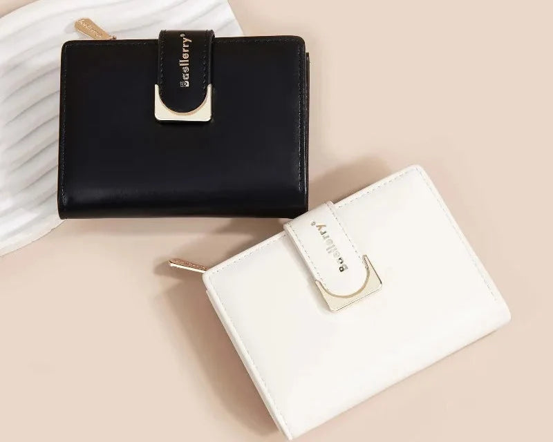Compact Women's PU Leather Wallet with Zipper and Elegant Button