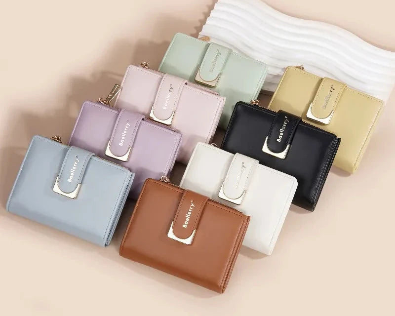 Compact Women's PU Leather Wallet with Zipper and Elegant Button