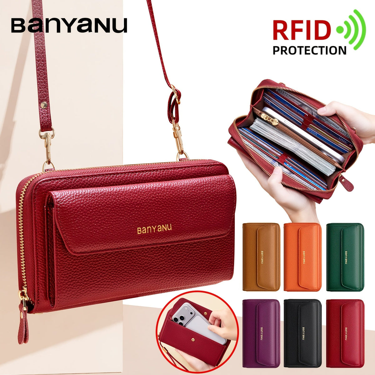 Women's Leather Crossbody Wallet, 12 Slots and Shielding