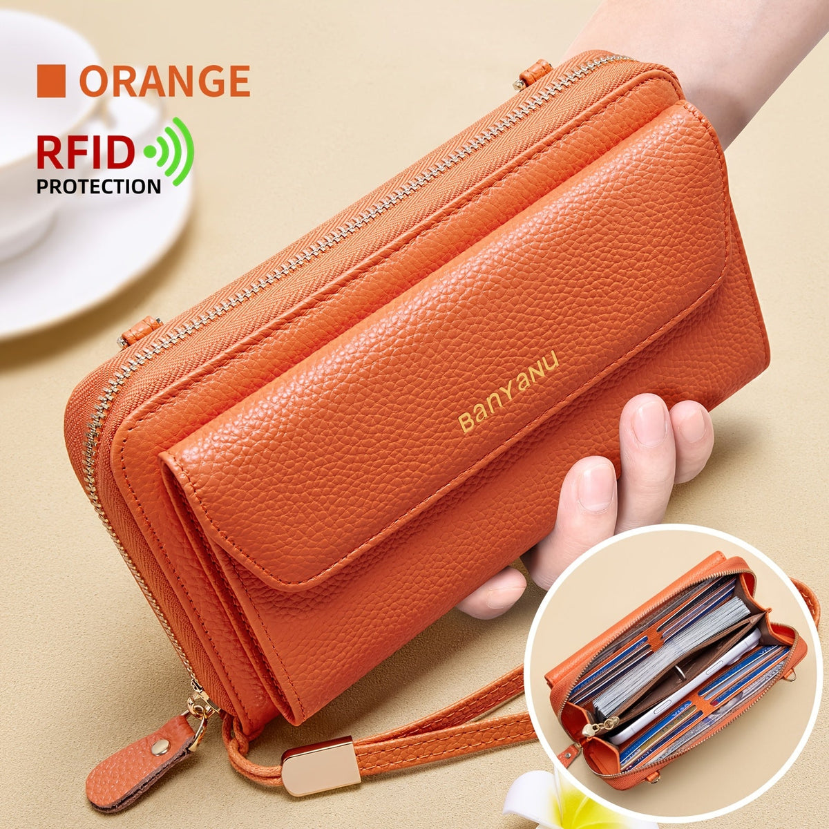 Women's Leather Crossbody Wallet, 12 Slots and Shielding Image