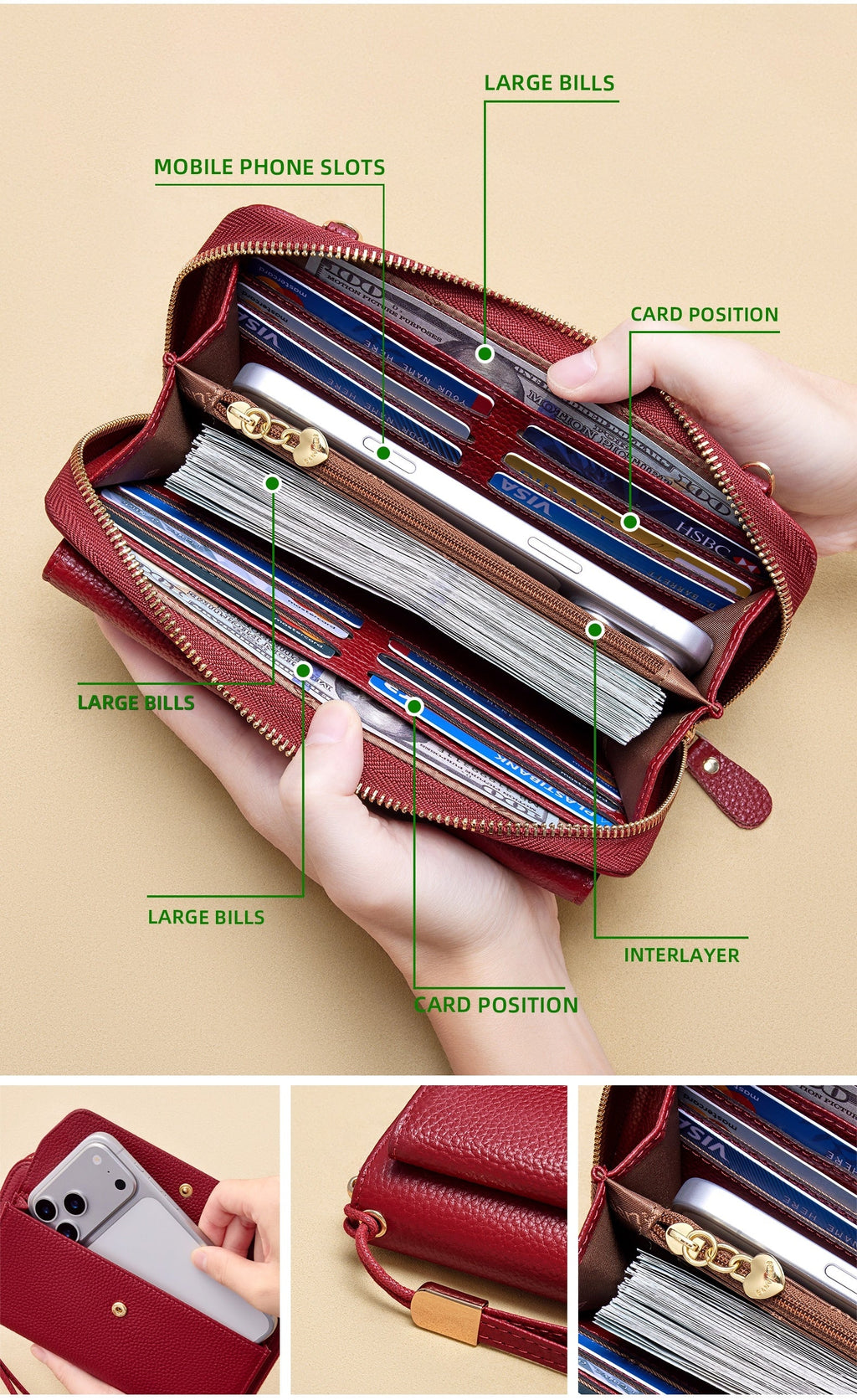 Women's Leather Crossbody Wallet, 12 Slots and Shielding