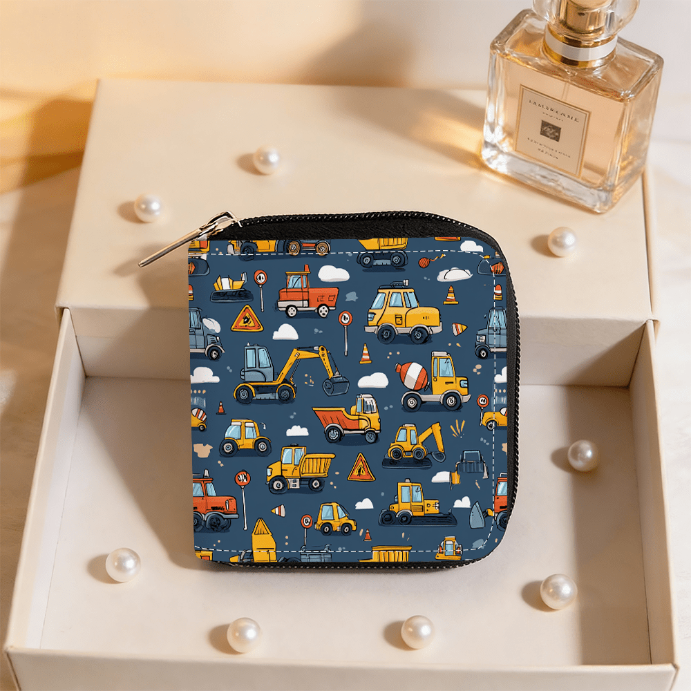 Women's Square Zipper Wallet in Blue, Construction Equipment Pattern Image