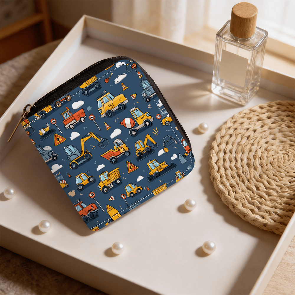 Women's Square Zipper Wallet in Blue, Construction Equipment Pattern