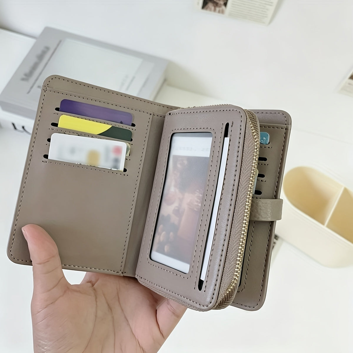 Compact Leather Wallet for Women with Rhinestone Clasp