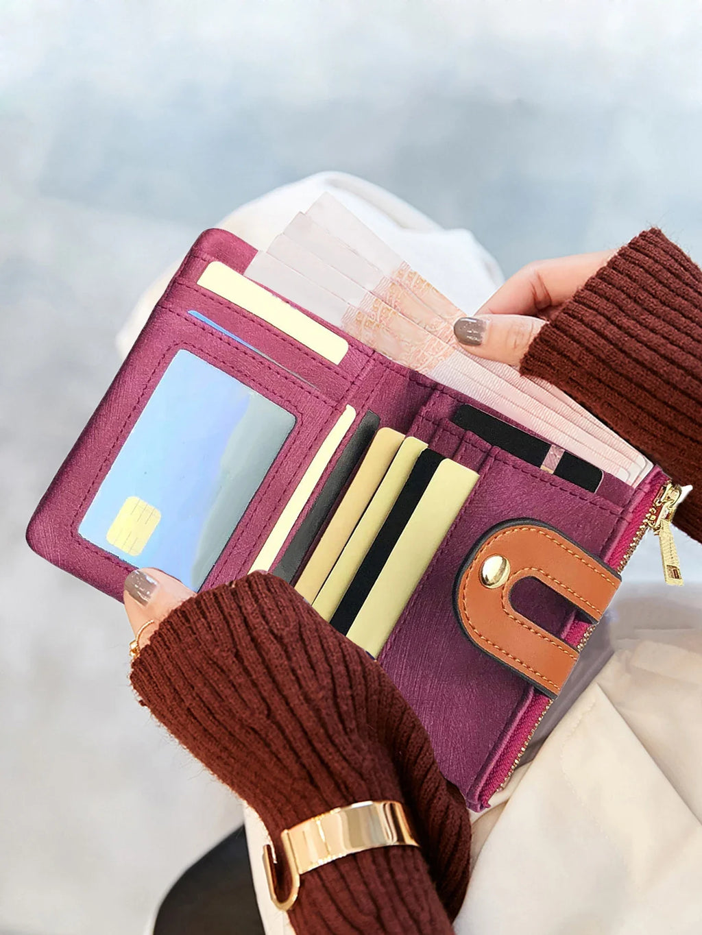 Compact Two-Tone PU Leather Women's Wallet with Zip and Flap