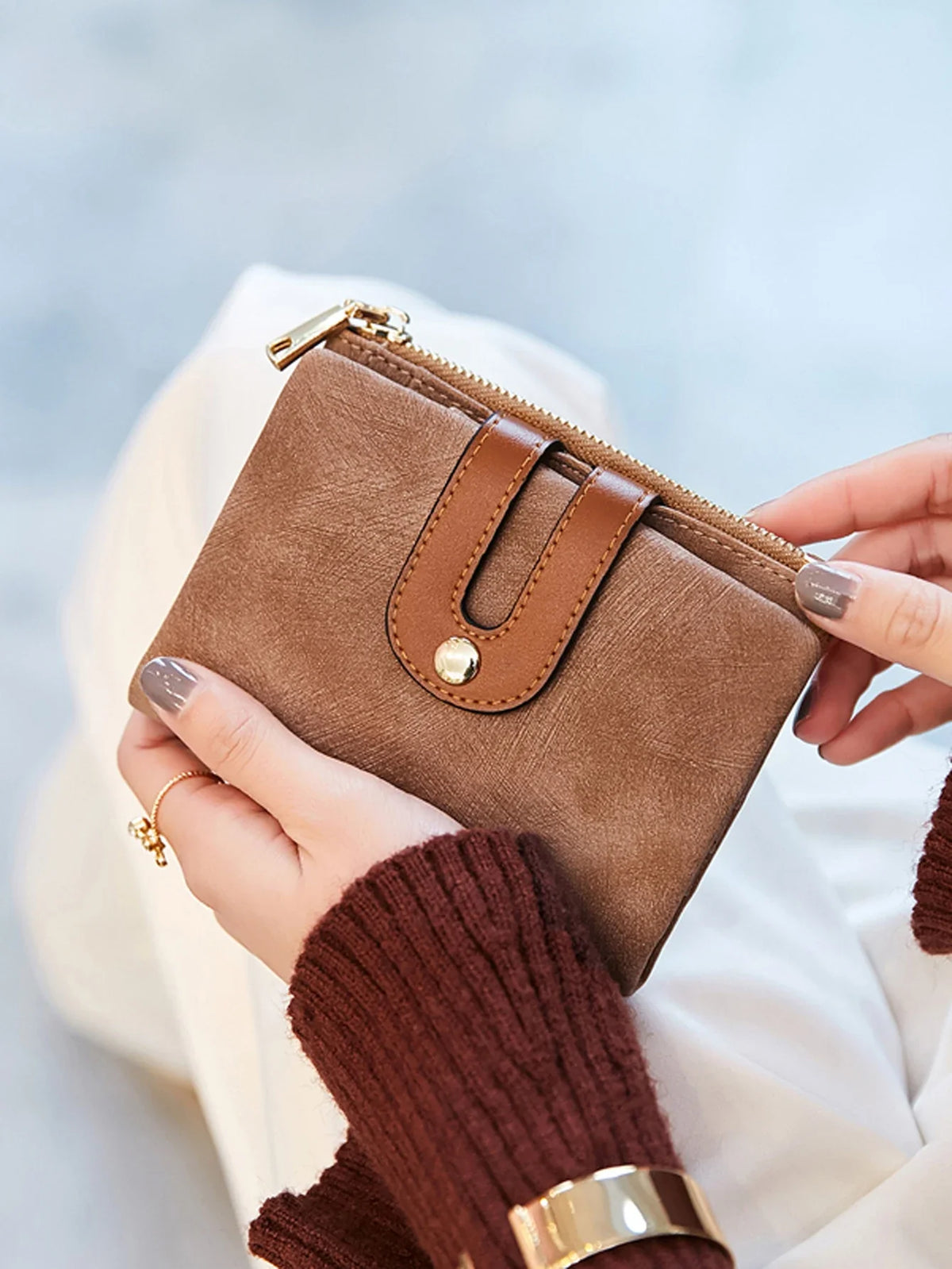 Compact Two-Tone PU Leather Women's Wallet with Zip and Flap