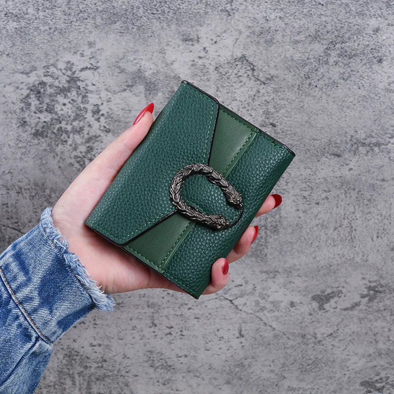Compact Women's PU Leather Wallet with Flap and Elegant Decorative Buckle