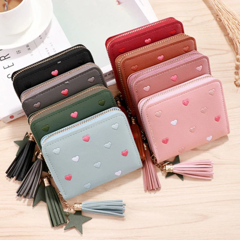 Compact Women's PU Leather Wallet with Zip, Pom Pom, and Elegant Heart Pattern